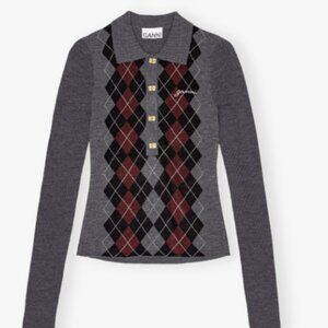 Ganni Argyle wool polo sweater